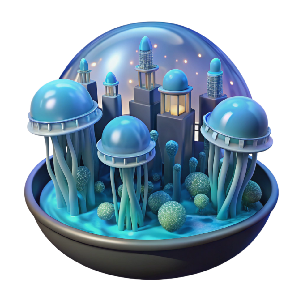 unparalleled art deco A floating city inspired by jellyfish, bioluminescent lighting, underwater setting, studio quality png
