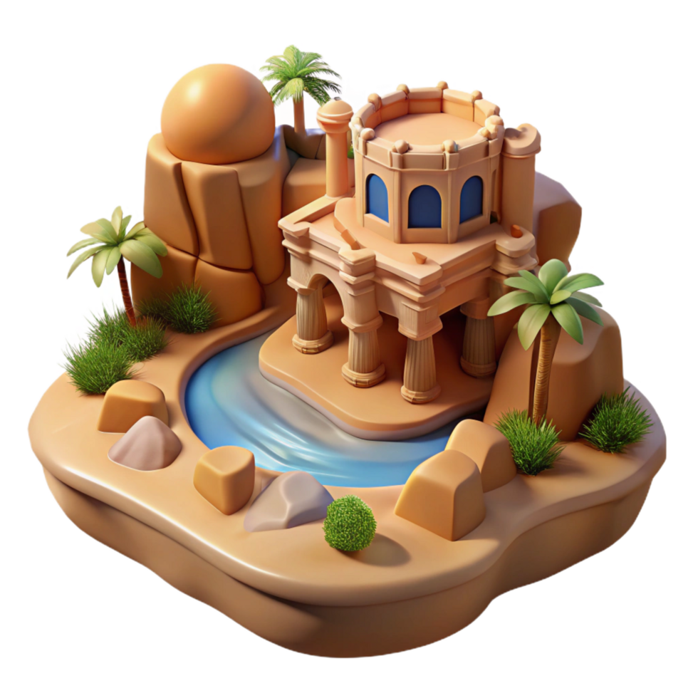 magnificent passionate victorian Desert oasis with a hidden temple carved into sandstone cliffs, harsh midday sun, photorealistic style sharp png