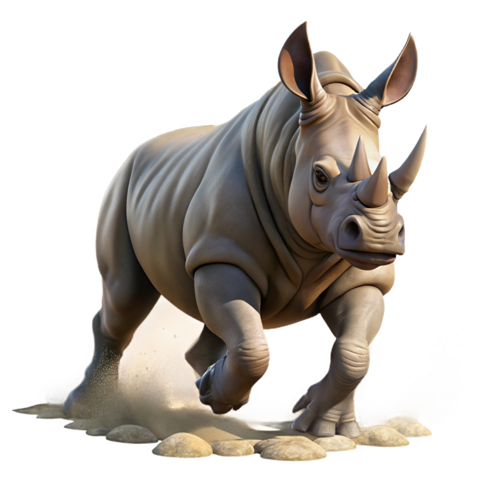 passionate radiant A powerful rhinoceros charging through the bush, dramatic dust and light, depicted in a dynamic, realistic style genuine png