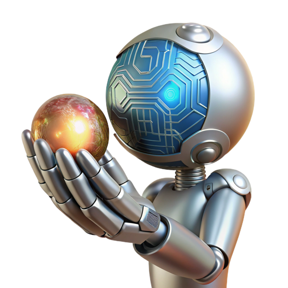 peaceful striking A chrome robot hand delicately holding a glowing orb of data, intricate circuitry visible beneath its polished surface, dramatic chiaroscuro lighting, Art Deco style original png