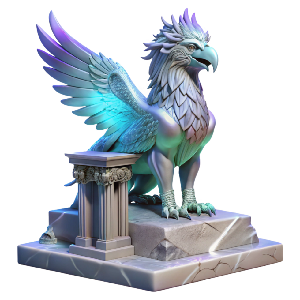 stunning rustic A majestic griffin with iridescent feathers, perched atop a crumbling marble altar, bathed in ethereal moonlight. Intricate, hyperrealistic style luxury png