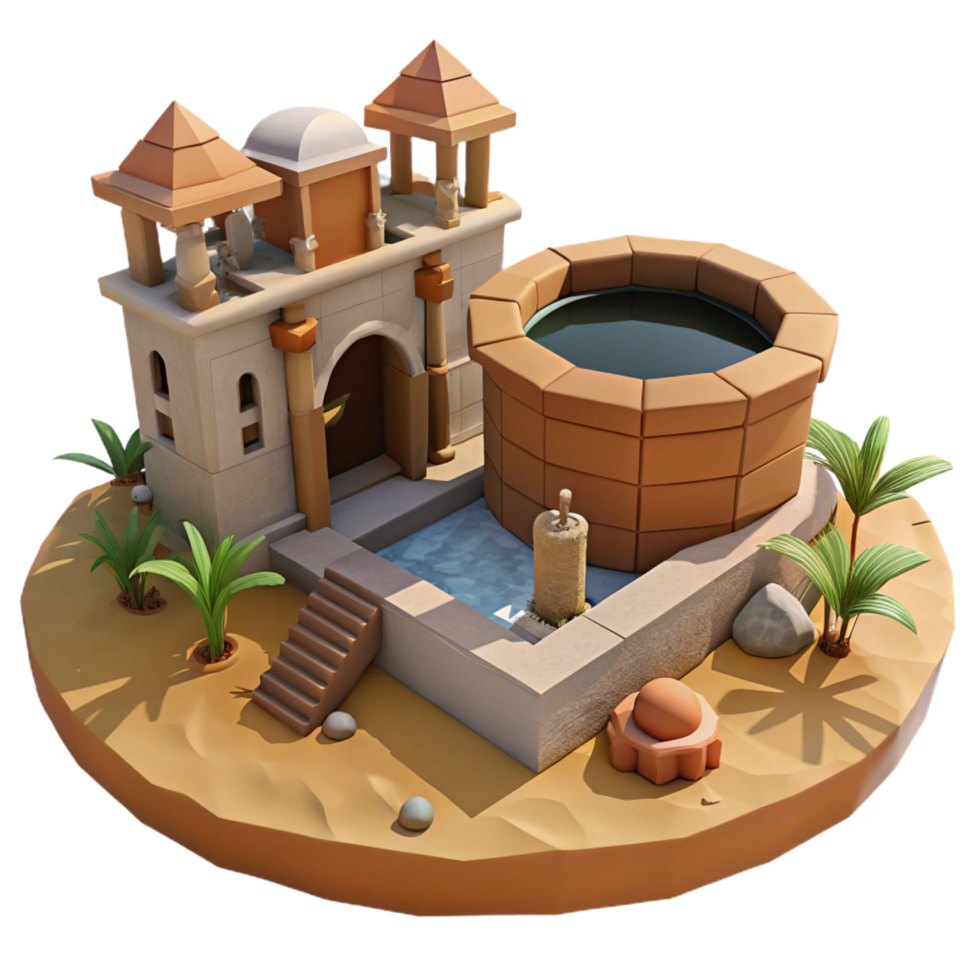magnificent peaceful modern A desert oasis town built around a massive, ancient well, warm midday sun, earthy and textured style, matte painting render refined png