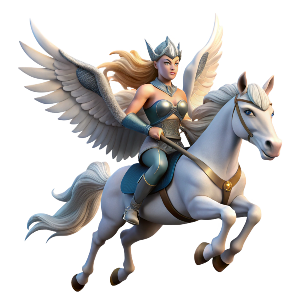 elegant renaissance A beautiful Valkyrie riding a winged horse through a storm, carrying a fallen warrior to Valhalla. Norse mythology style expertly shot png