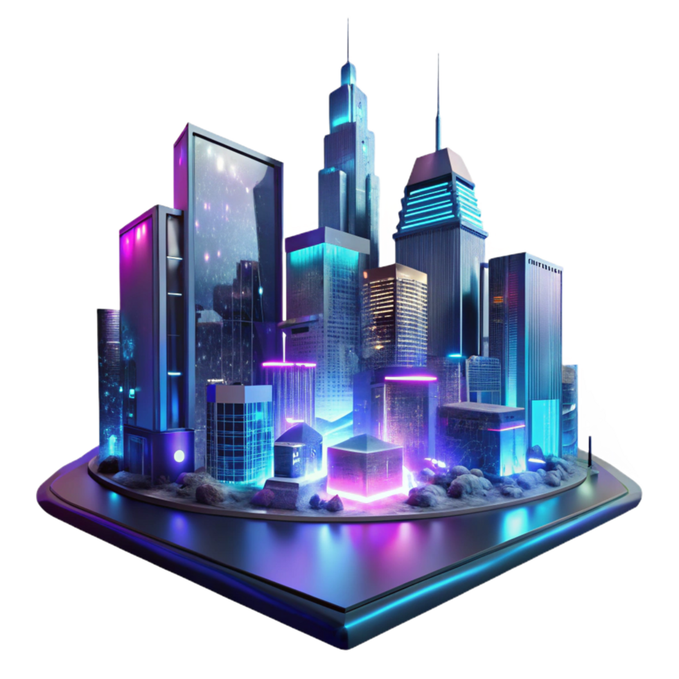 extraordinary iconic A futuristic cityscape at night, towering holographic advertisements shimmering in the rain, cyberpunk style, neon lights reflecting in puddles, viewed from a low angle png