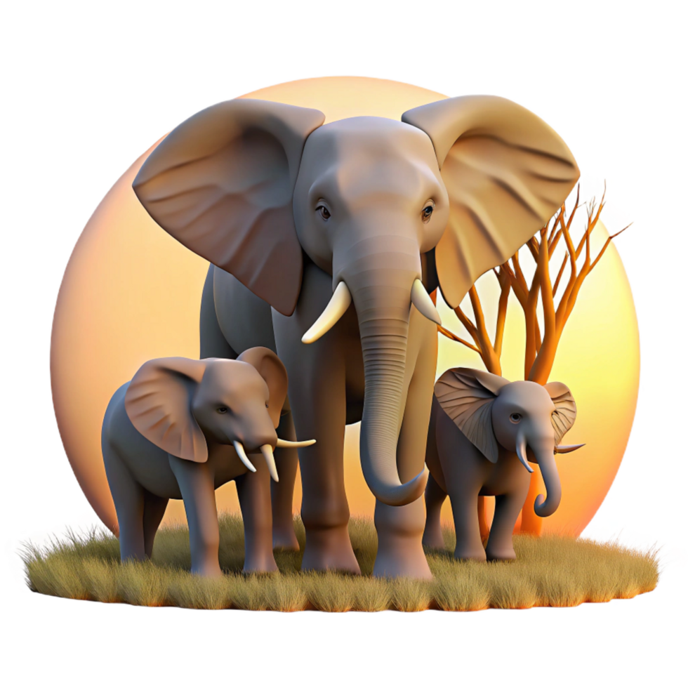 stunning timeless A family of elephants walking across the savanna, sunset lighting, cinematic style png