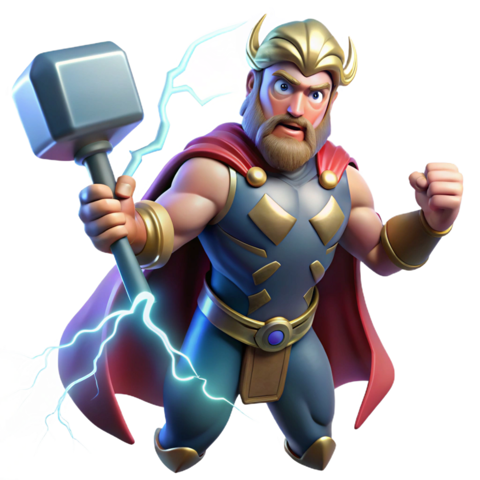 intense elegant A powerful Norse Thor, wielding Mjolnir, summoning lightning, amidst a raging thunderstorm, in a comic book style top tier png