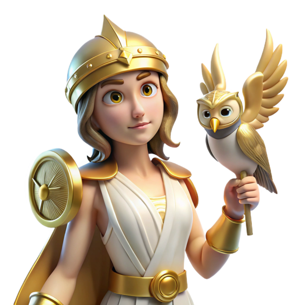 exquisite surreal A wise Athena, the Greek goddess of wisdom and warfare, wearing a golden helmet and holding an owl, bathed in bright, clear light. Classical style masterfully captured png