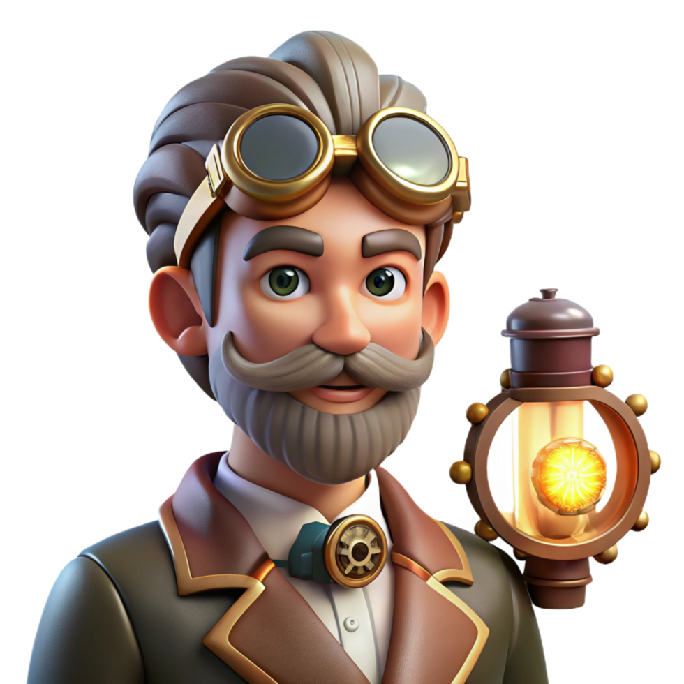 sought after creative Portrait of a steampunk inventor with goggles, gears, and intricate gadgets, lit by flickering gaslight, in a retro futuristic style original png