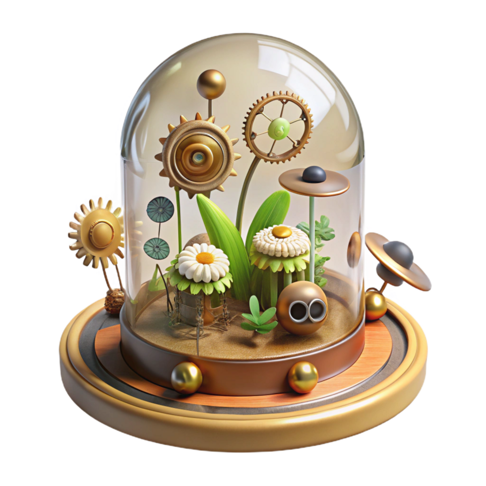 sought after surreal A miniature steampunk garden, filled with clockwork flowers and insects, enclosed in a glass dome, soft, diffused lighting, whimsical style ultra HD png