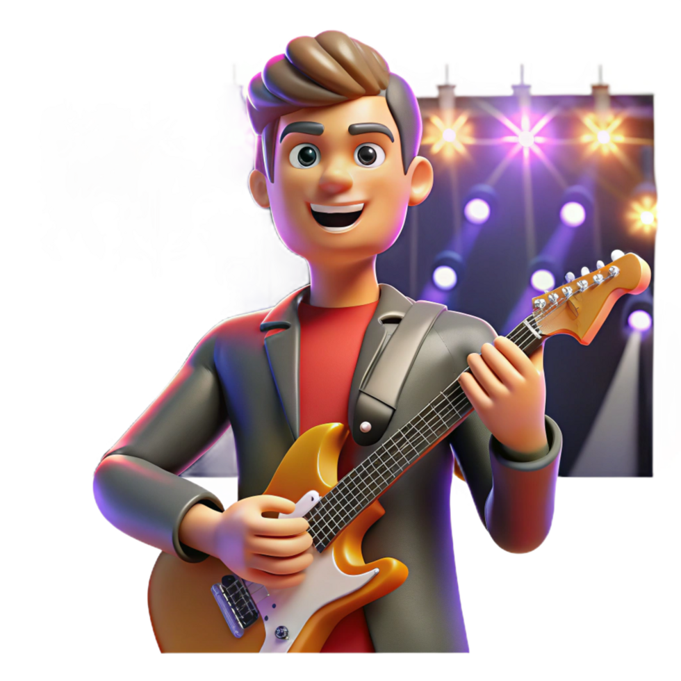 distinctive mid century Portrait of a charismatic rockstar with a guitar, bathed in the bright lights of a concert stage, pop art style authentic png