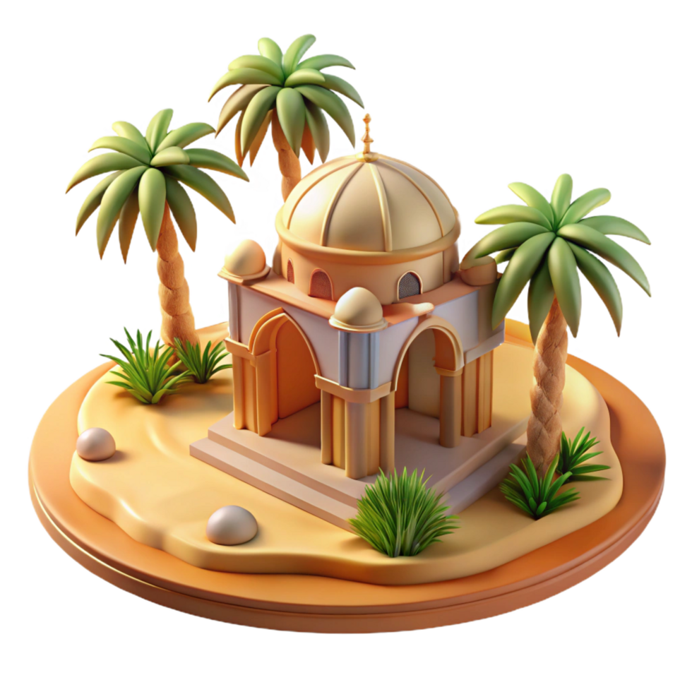 signature baroque A desert oasis with palm trees and a small temple, warm sunlight, peaceful atmosphere, realistic, vibrant, impeccable png