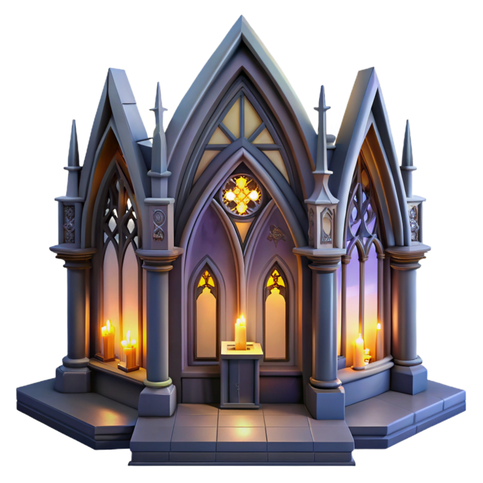 fascinating elegant A gothic cathedral interior, stained glass windows, dim candlelight, solemn atmosphere, religious style, gallery standard png