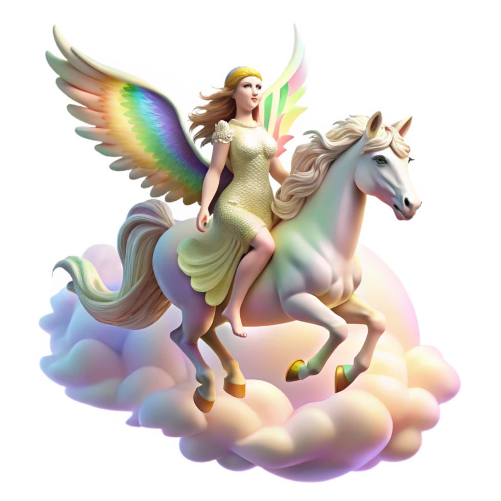 stunning bold renaissance A graceful Valkyrie riding a winged horse through a cloudy sky, illuminated by a rainbow, Romantic painting style expertly shot png