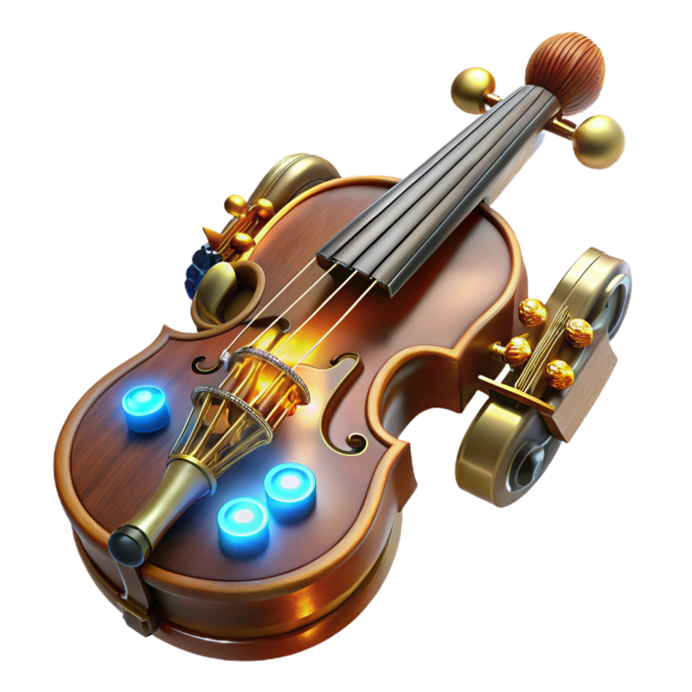 enchanting artistic A steampunk musical instrument, resembling a violin, made of polished wood and brass, with glowing tubes and wires, dramatic lighting crisp png