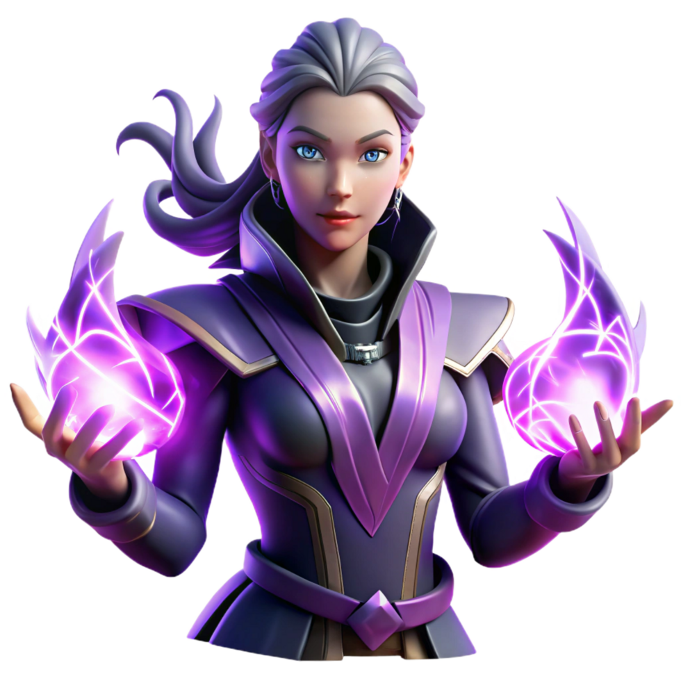 signature mid century Portrait of a powerful sorceress with glowing hands, surrounded by swirling arcane energy, lit by an ethereal purple light flawless png