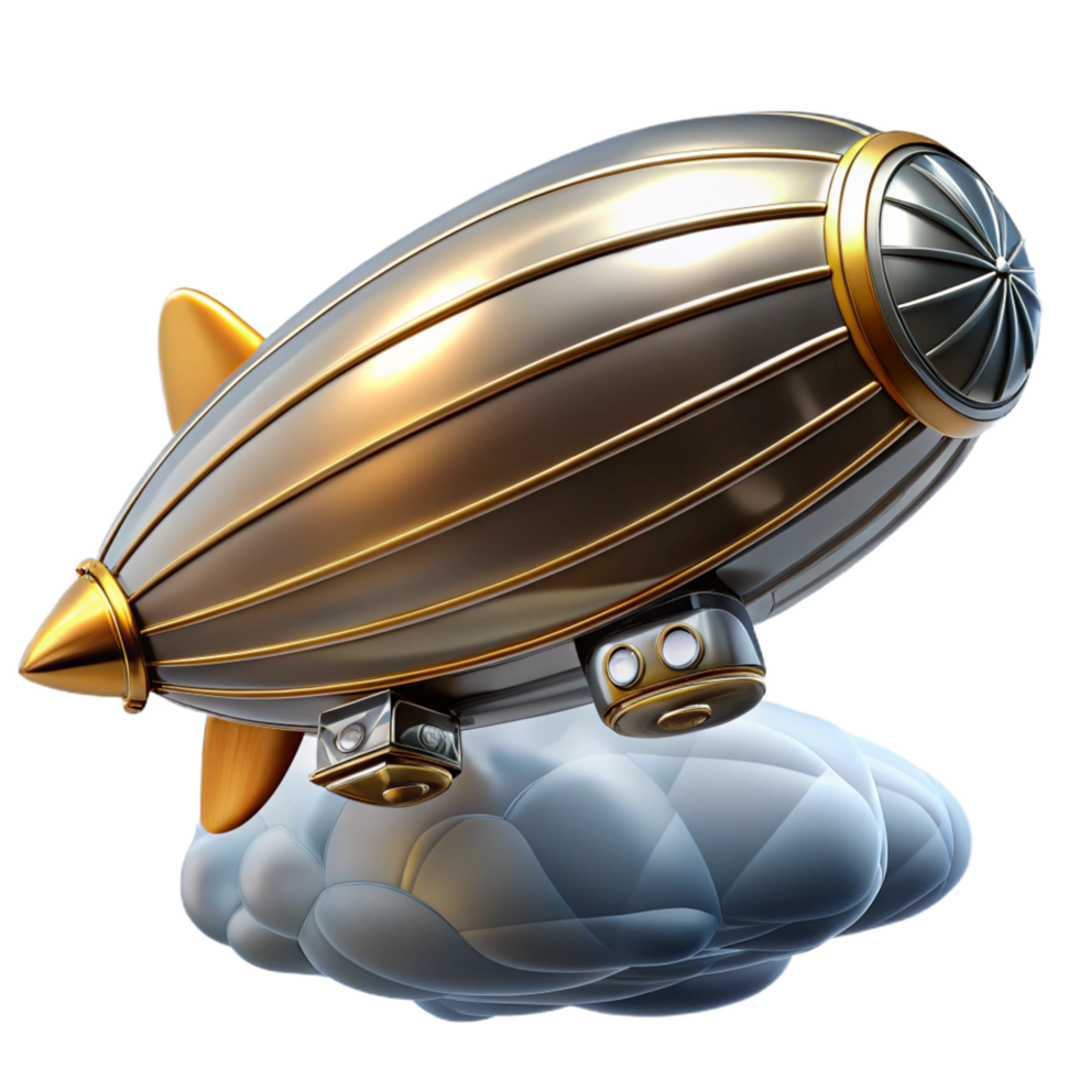 picturesque exceptional A steampunk zeppelin, sleek silver and gold, soaring through a cloudy sky, bright, sunny lighting, art deco style png