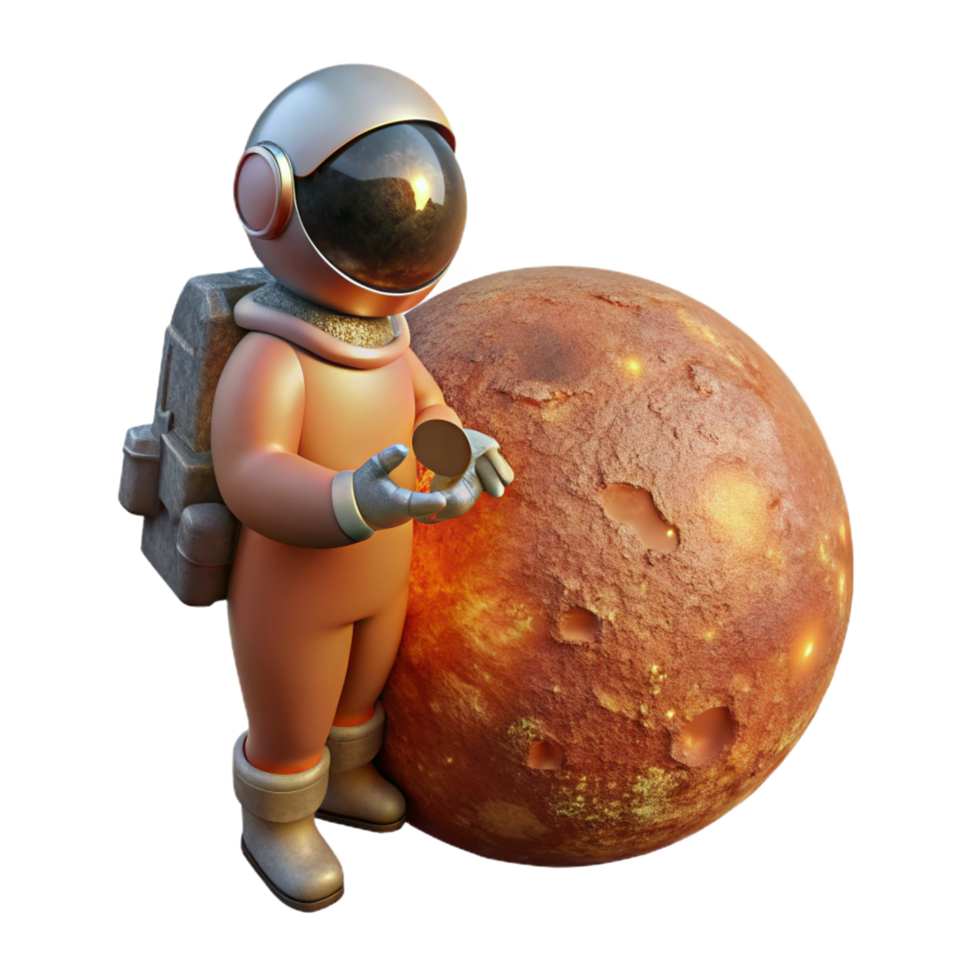 immaculate organic A lone astronaut, stranded on a desolate, rust colored planet, clutching a glowing orb, rim lit by a dying sun, painted in the style of a Moebius comic authentic png