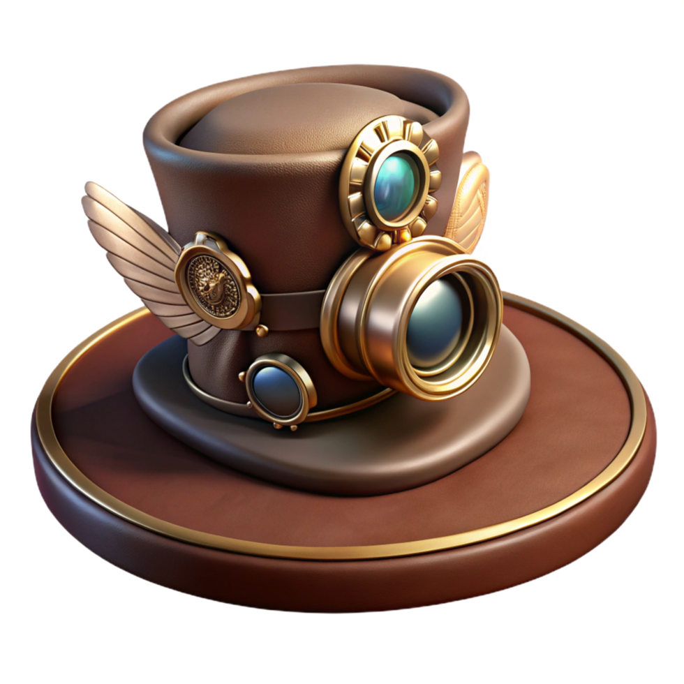 splendid quintessential A steampunk top hat, adorned with gears, goggles, and miniature wings, resting on a velvet cushion. Dramatic, spotlight lighting. Photorealistic style png