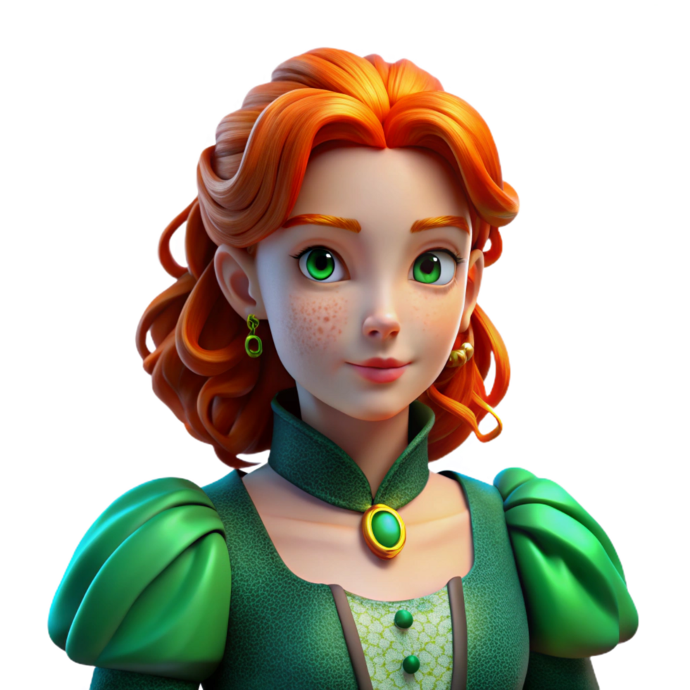 magnificent distinguished Portrait of a young woman with fiery red hair, freckles, and piercing green eyes, wearing a Victorian era emerald green gown, lit by a single Rembrandt light from the left png