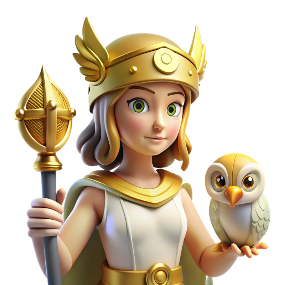 memorable vintage A wise Athena, the Greek goddess of wisdom and warfare, wearing a golden helmet and holding an owl, bathed in bright, clear light. Classical style sharp png
