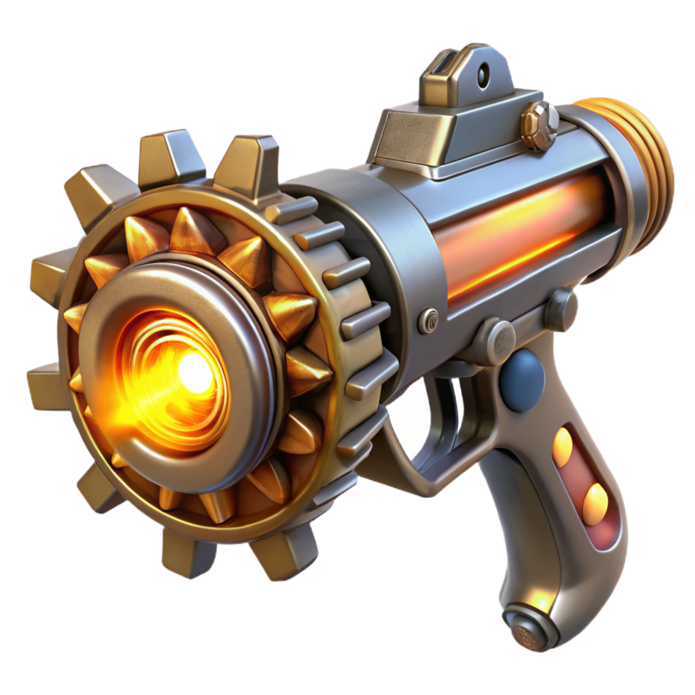 immaculate coveted A steampunk weapon, with rotating gears and glowing energy core, ready to fire. Intense, dynamic lighting. Sci fi art style png