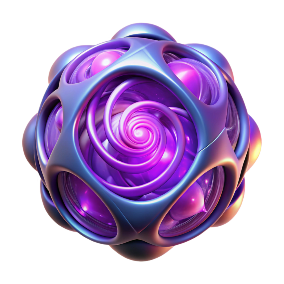 fascinating remarkable A quantum computer core, pulsing with energy, complex geometric patterns swirling within its transparent shell, illuminated by ethereal purple light, in a realistic style png