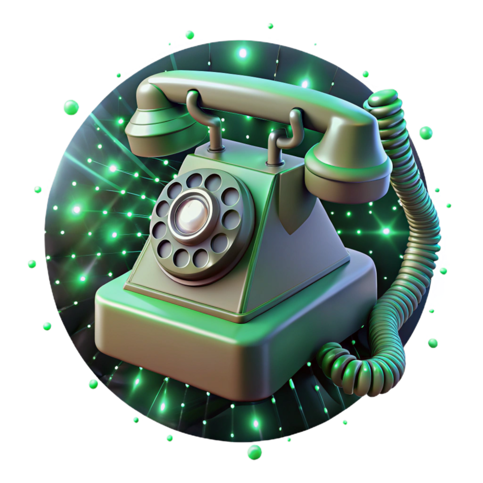 magnifique impressionniste une ancien rotatif Téléphone flottant dans une zéro la gravité environnement, entouré par binaire code, illuminé par doux vert lumière dans une surréaliste style précision png