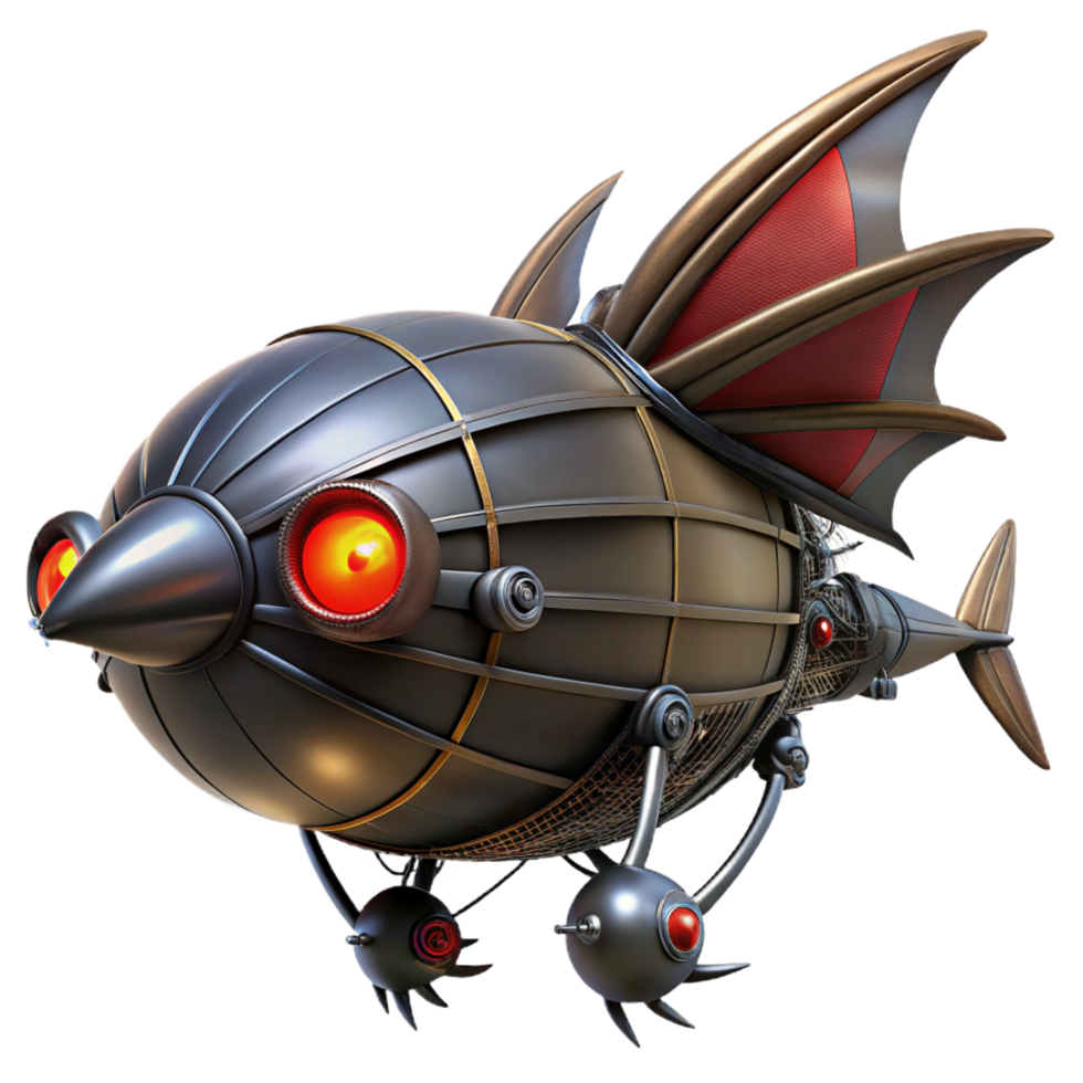 notable abstract A powerful steampunk airship, resembling a predatory bird, with sharp metal talons and glowing red eyes. Dark, dramatic lighting with a high contrast exclusive png