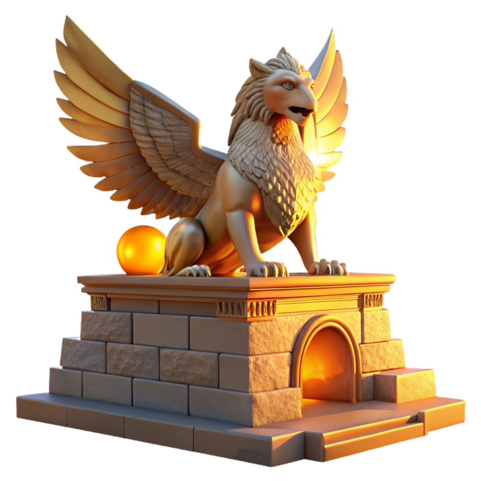 alluring mysterious traditional A majestic griffin perched atop a crumbling ziggurat, bathed in the golden light of a setting sun, Art Deco style ultra HD png