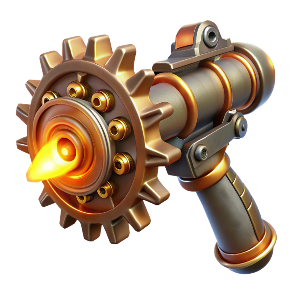 dramatic exemplary A steampunk weapon, with rotating gears and glowing energy core, ready to fire. Intense, dynamic lighting. Sci fi art style png