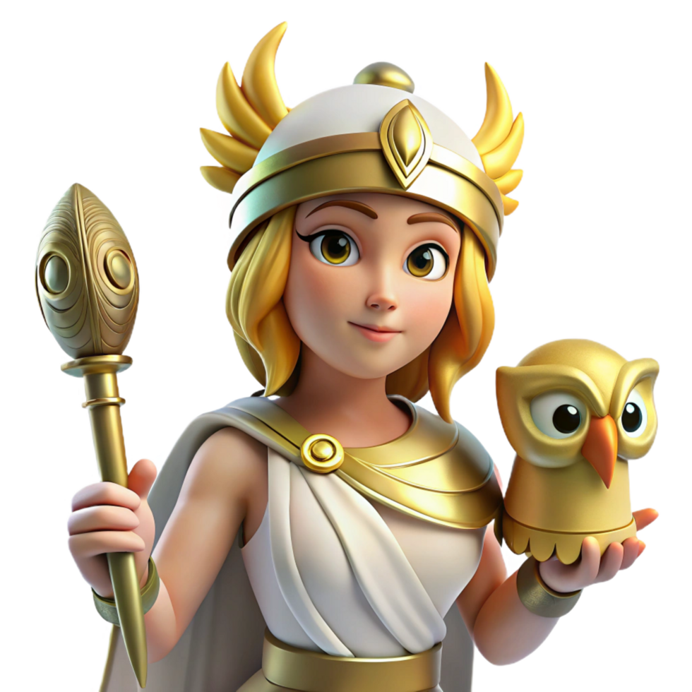 standout art deco A wise Athena, the Greek goddess of wisdom and warfare, wearing a golden helmet and holding an owl, bathed in bright, clear light. Classical style crisp png