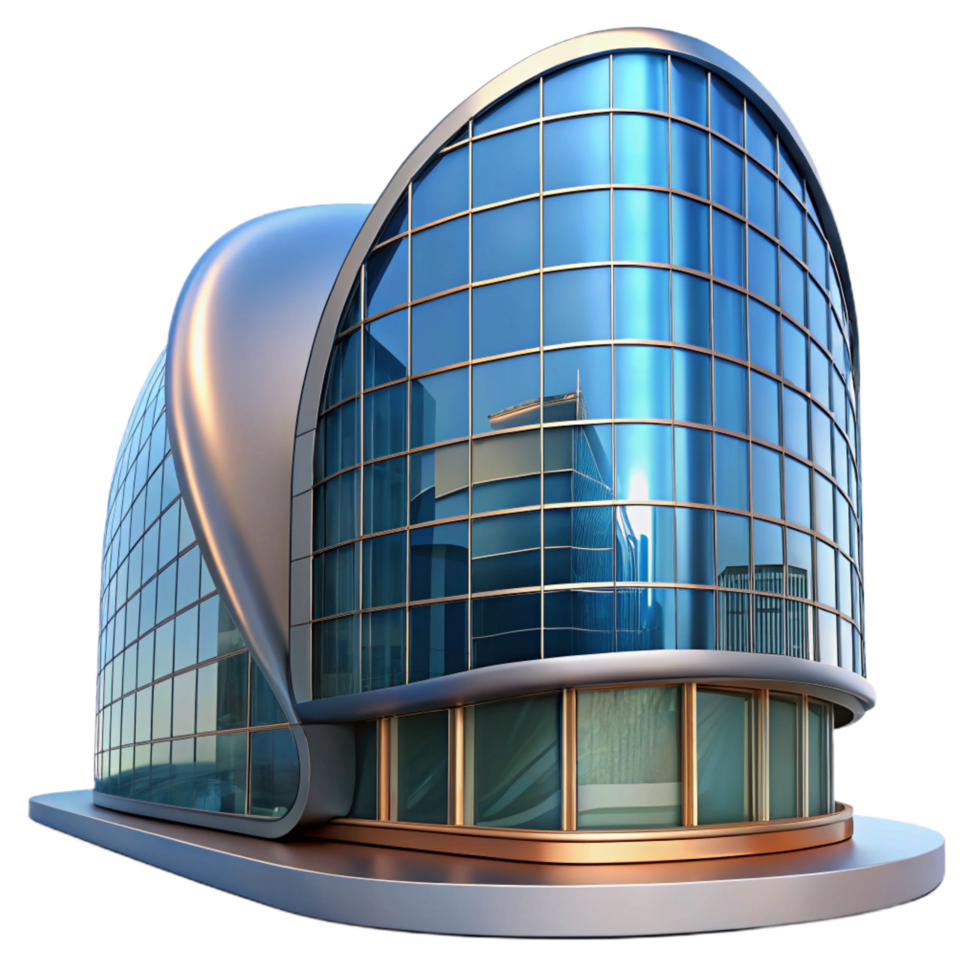 extraordinary mid century A futuristic building with a curved glass facade, reflections of the city, architectural visualization style ultra HD png