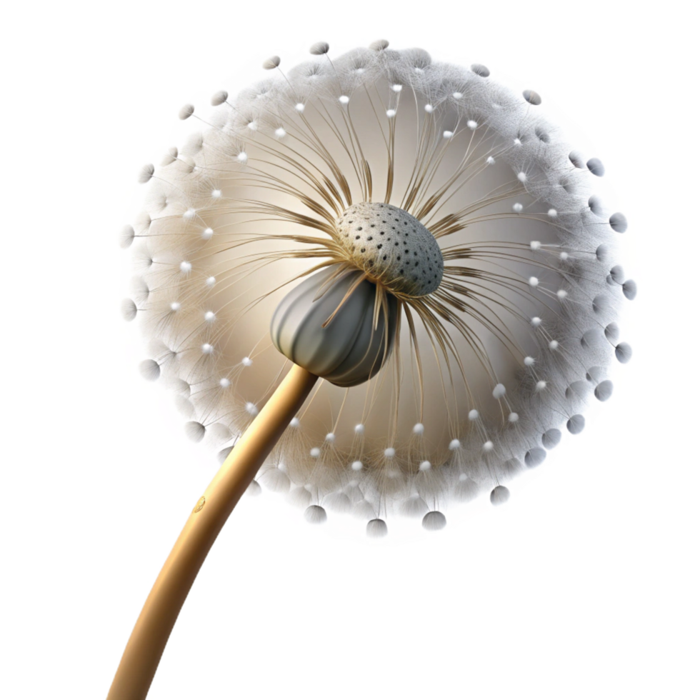 stunning futuristic A single dandelion seedhead with seeds dispersing in the wind, lit by a dramatic spotlight, surrealist style 4K png