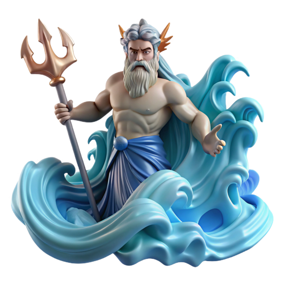 elegant coveted Poseidon, God of the Sea, rising from a tempestuous ocean, wielding his trident, surrounded by swirling water and lightning strikes. Dynamic lighting. Art Deco style png