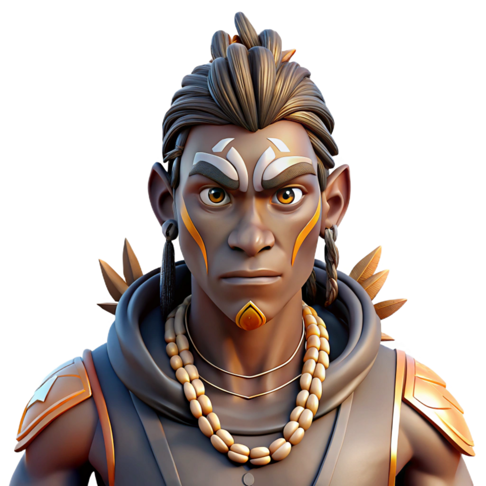 signature urban Portrait of a tribal warrior adorned with intricate face paint and bone jewelry, their expression fierce and determined, lit by flickering firelight exclusive png