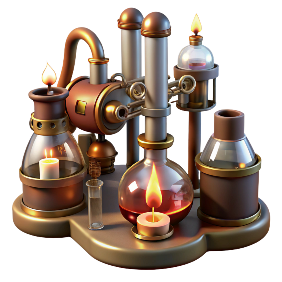 distinctive industrial A steampunk laboratory, filled with bubbling beakers, strange devices, and intricate machinery, warm, flickering candlelight, vintage style expertly shot png