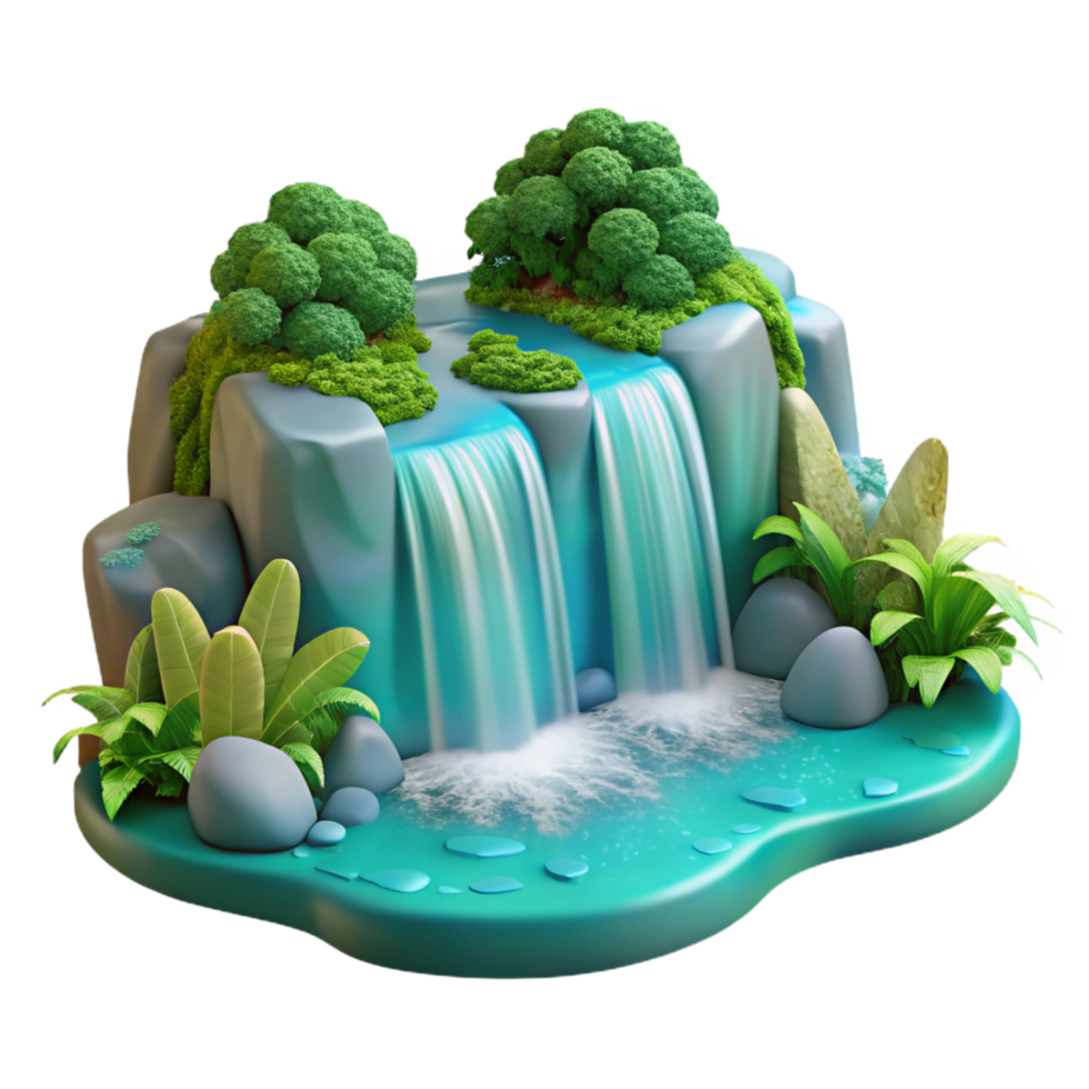 mysterious striking A cascading waterfall plunging into a crystal clear pool, surrounded by lush greenery, long exposure photography style luxury png