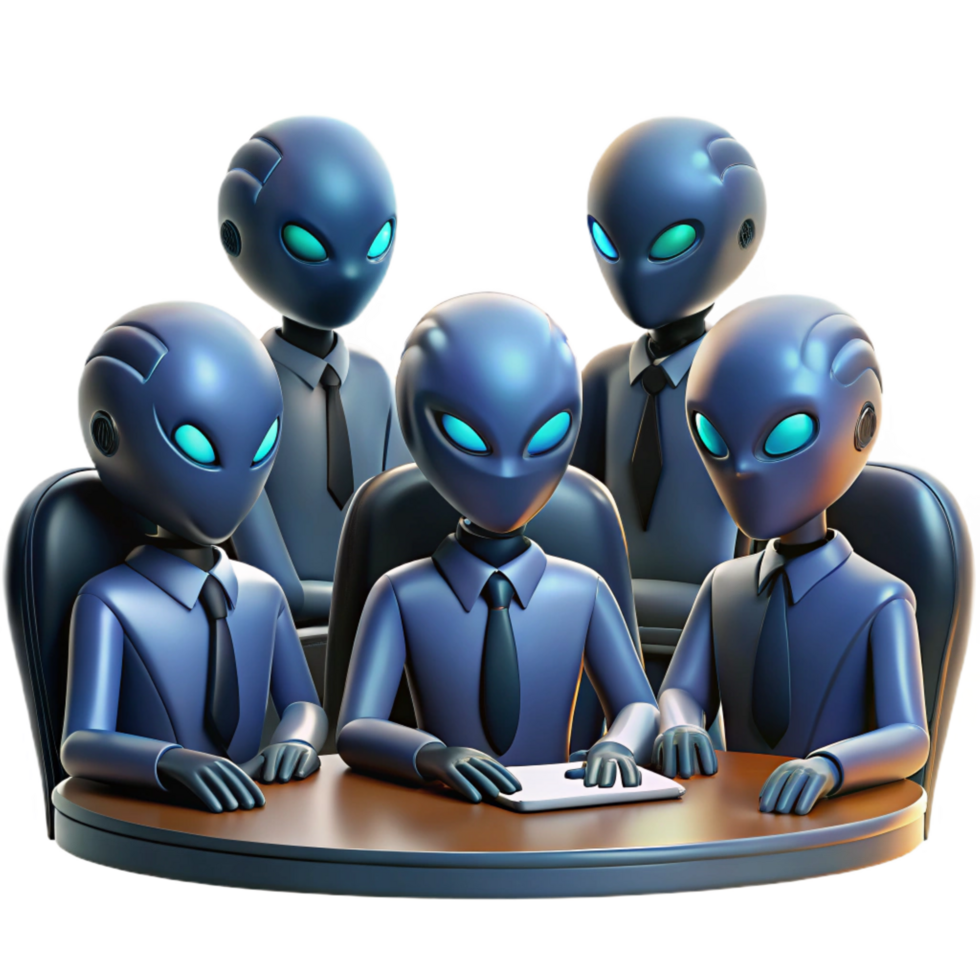 serene memorable A group of alien diplomats, with skin like polished obsidian and eyes like glowing embers, meets in a holographic conference room. Sci fi style, formal lighting png