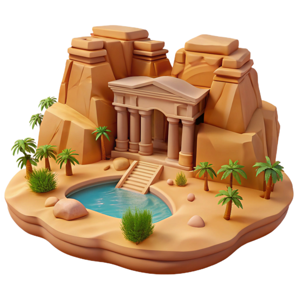 glorious timeless Desert oasis with a hidden temple carved into sandstone cliffs, harsh midday sun, photorealistic style png