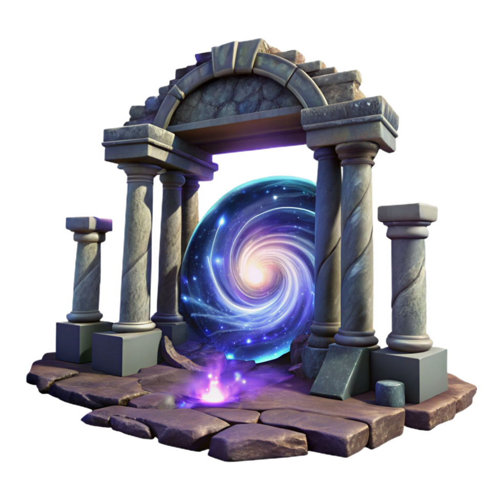 exemplary futuristic A portal swirling with galaxies, surrounded by ancient ruins, ethereal lighting, matte painting, concept art, museum quality png