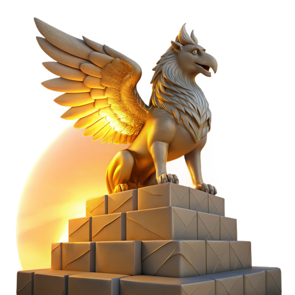 enchanting distinctive A majestic griffin perched atop a crumbling ziggurat bathed in golden sunset light, Art Deco style png