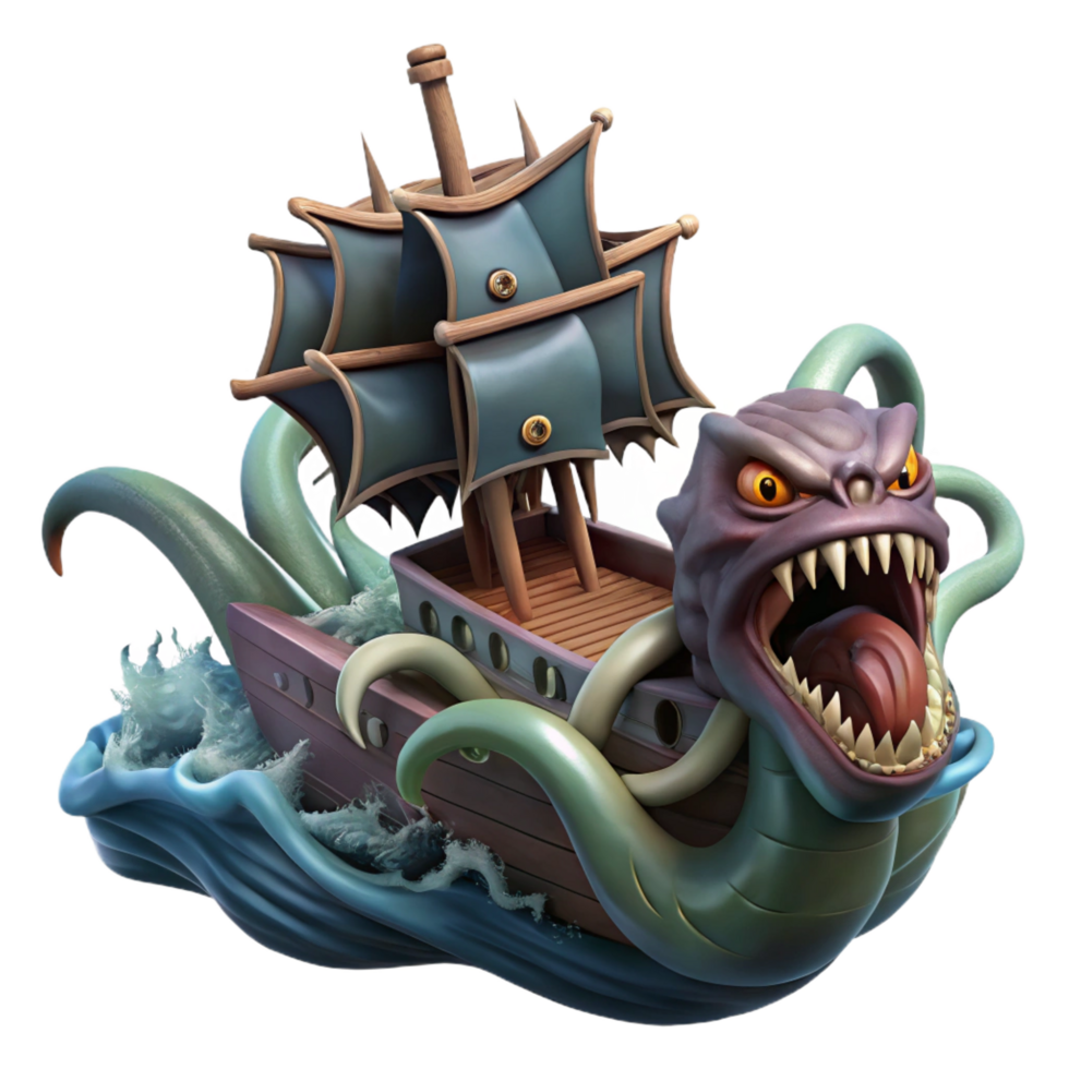immaculate energetic impressionist A monstrous kraken attacking a ship, dark and turbulent ocean, cinematic style sharp png