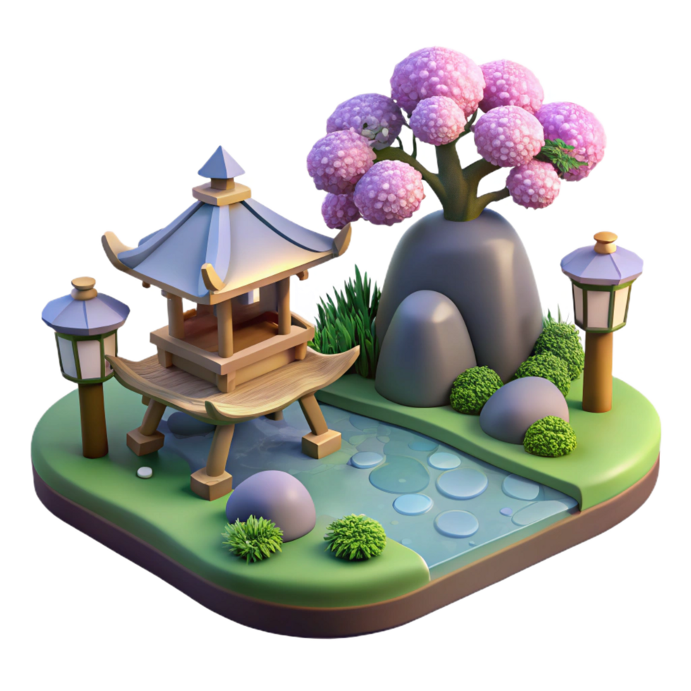 spectacular abstract A traditional Japanese garden with a pond, stone lanterns, and carefully pruned trees, soft diffuse daylight, photorealistic style sharp png