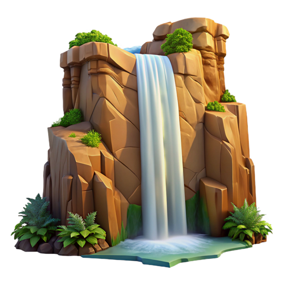 coveted industrial A majestic waterfall cascading down a cliff face, bright sunny day, powerful and dynamic, landscape photography style artisan png