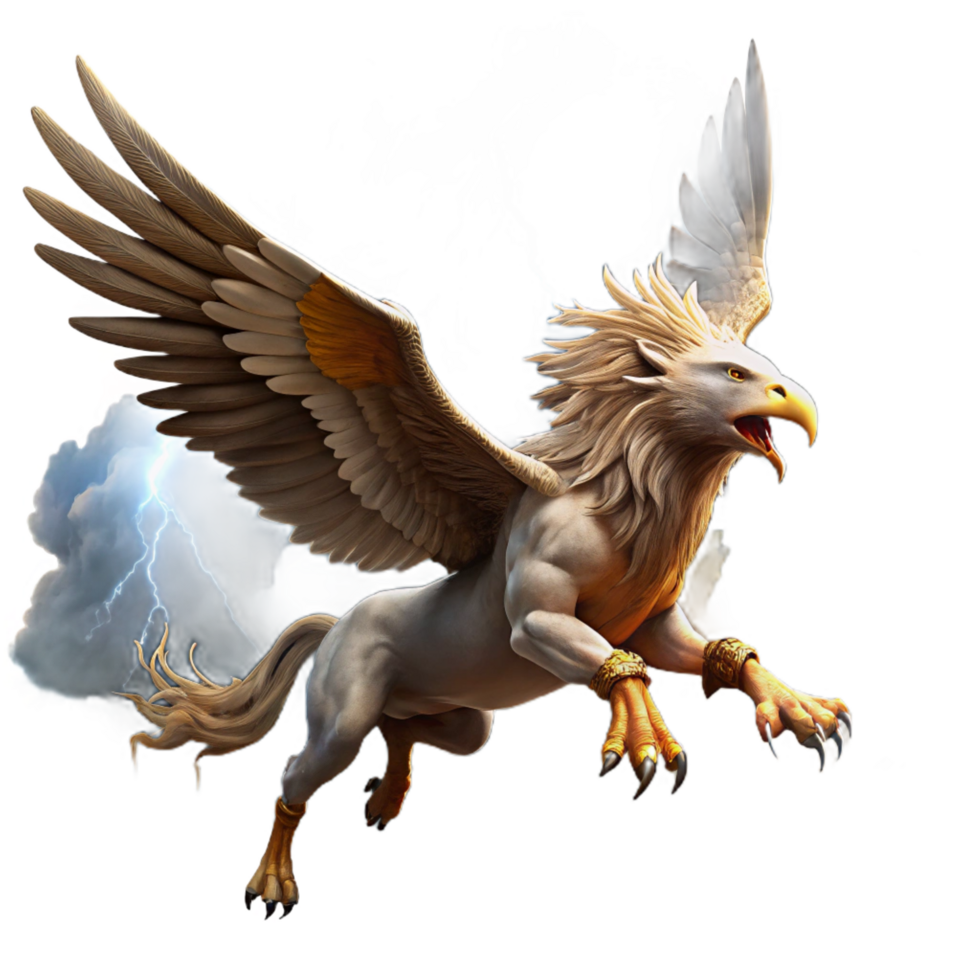 melancholic magnificent A majestic, griffin soaring through a stormy sky, dramatic lighting, epic fantasy style high resolution png