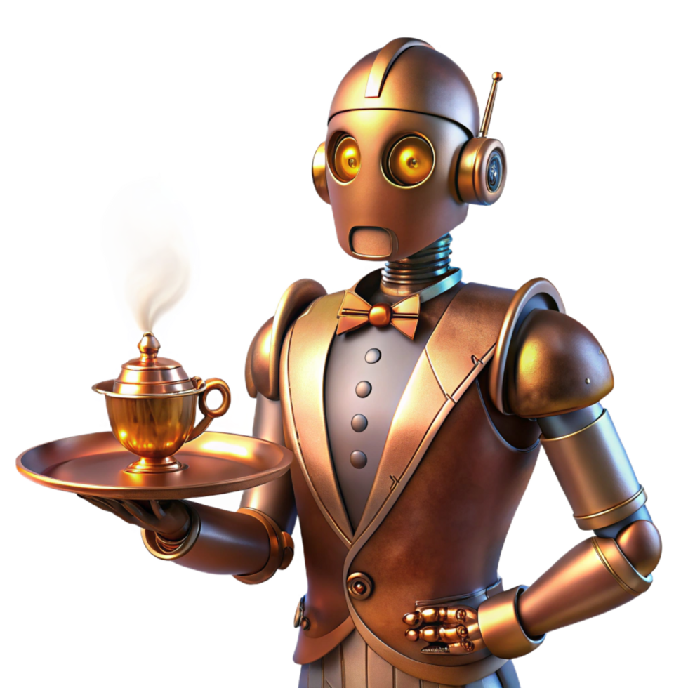 striking nostalgic classic A steampunk robot butler, polished copper and brass, holding a silver tray with a steaming cup of tea. Soft, diffused lighting. Digital painting style impeccable png