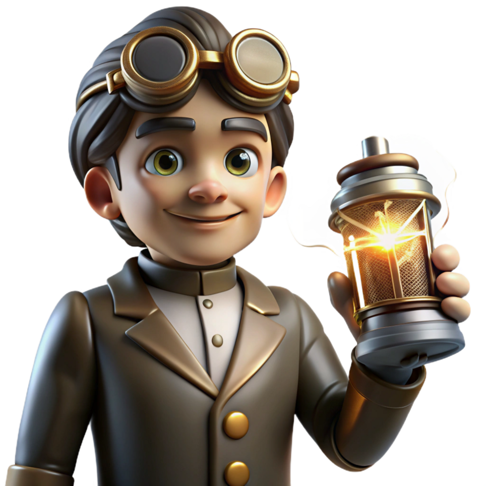 picturesque tranquil victorian A portrait of a steampunk inventor, wearing goggles and holding a miniature Tesla coil, lit by a dramatic spotlight. Photorealistic, black and white impeccable png
