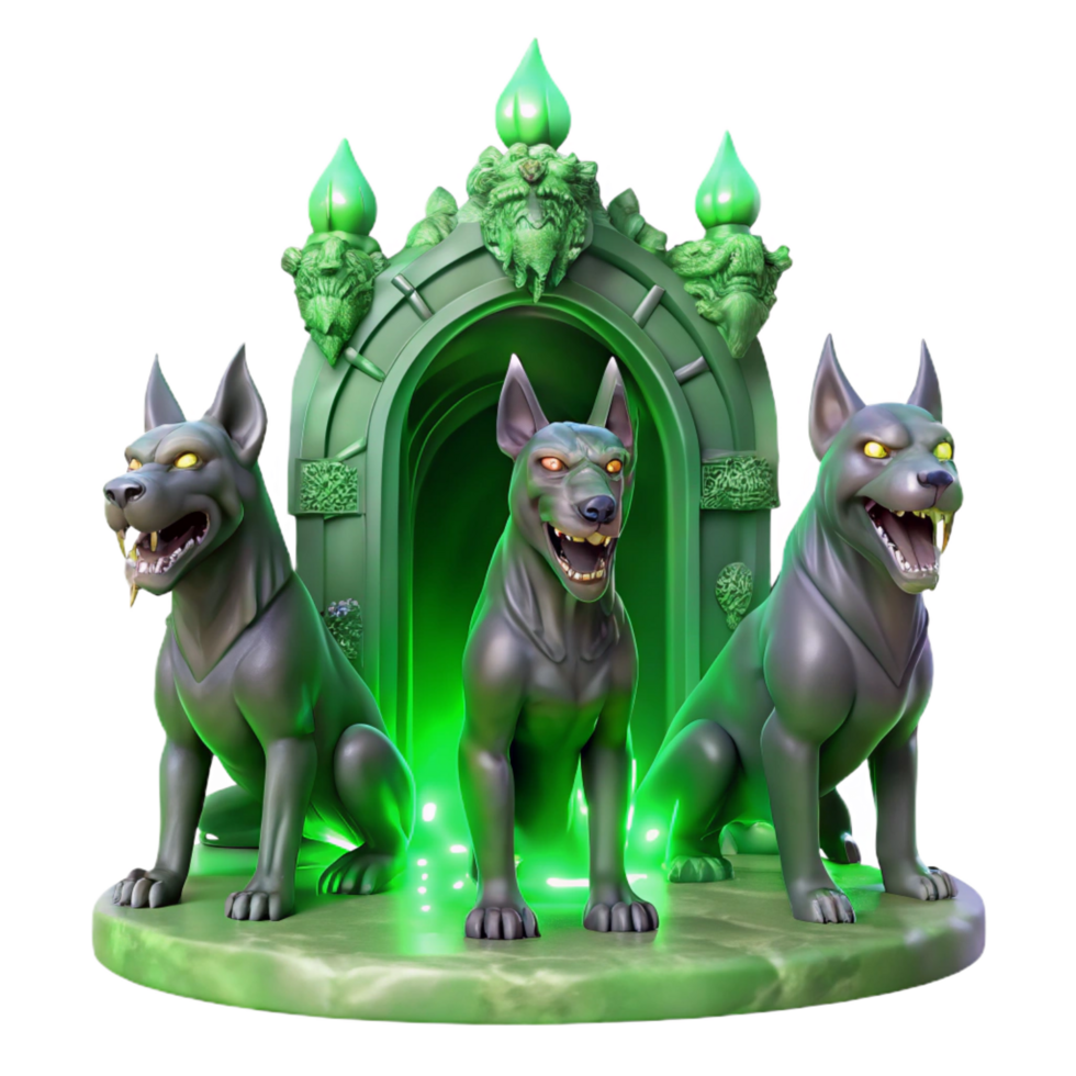 spectacular classic Cerberus, the three headed hound of Hades, guarding the gates of the underworld, bathed in an eerie green glow, digital painting style artisan png