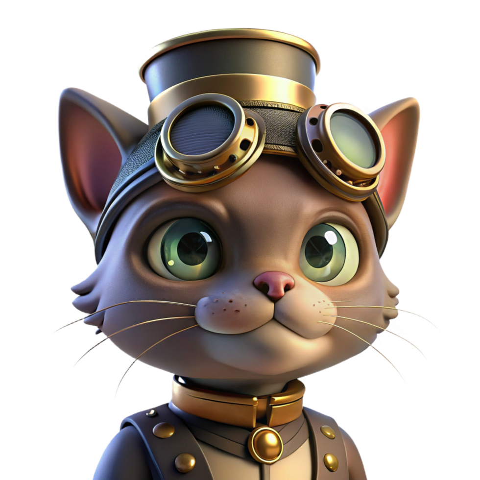 impressive intense avant garde A portrait of a steampunk cat wearing goggles and a tiny top hat, with gears and springs embedded in its fur, lit by a soft, warm lamplight crisp png