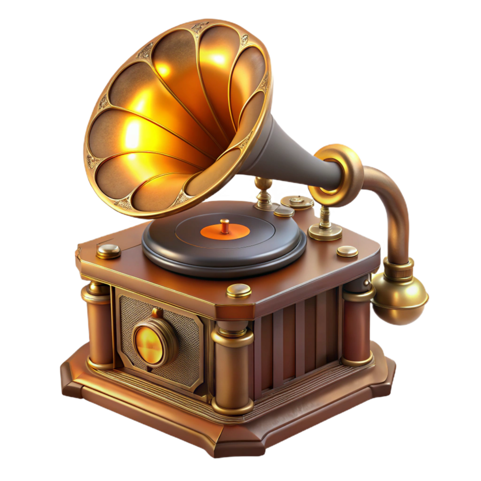 mesmerizing playful bohemian A steampunk gramophone, ornate brass horn and intricate gears, playing a vinyl record, warm lamplight ultra HD png